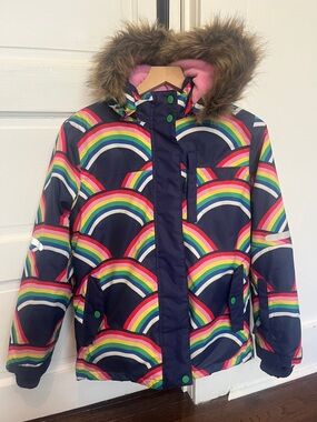Mini Boden Kids Rainbow Print Navy Hooded Winter Jacket size 12-13 like new!